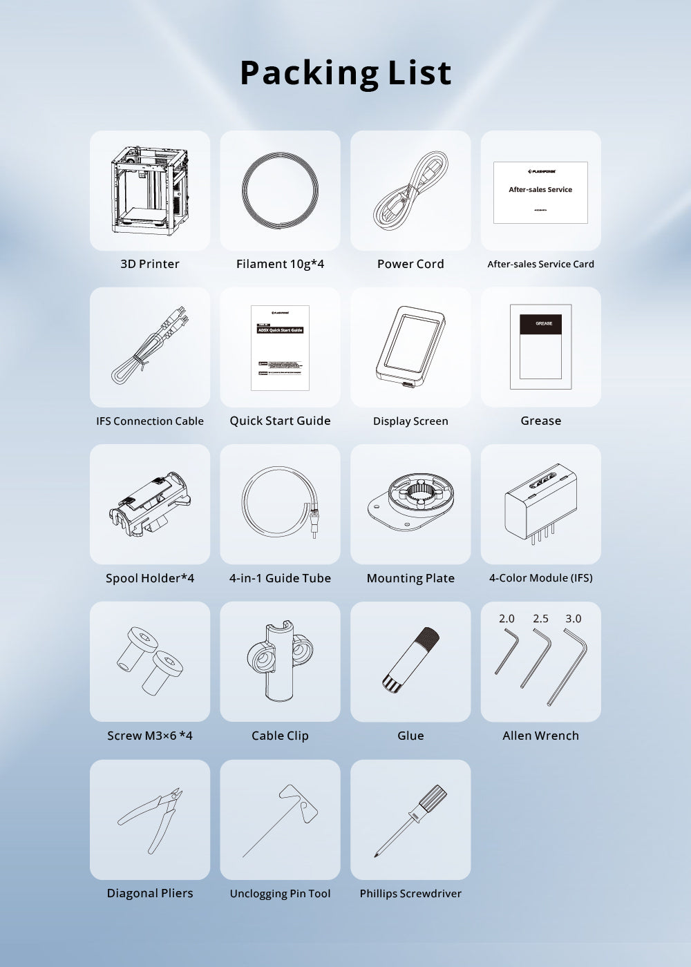 AD5X Package contents of Flashforge AD5MP 3D Printer