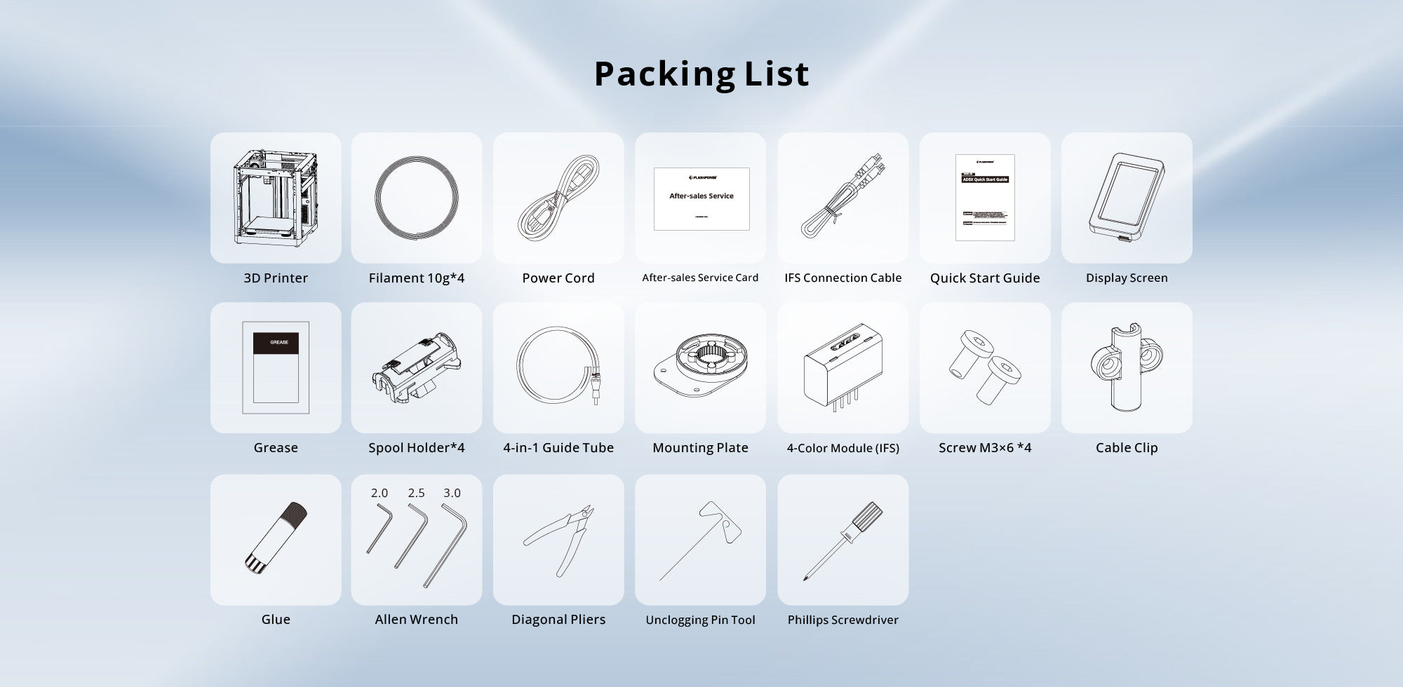 AD5X Package contents of Flashforge AD5MP 3D Printer