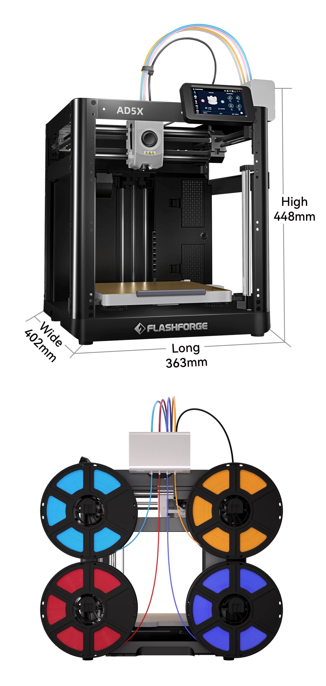 Flashforge AD5X features compact design with side-by-side filament spools for efficient space-saving